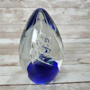 5" Art Glass Egg Shaped Clear Cobalt Blue Controlled Bubble Swirl Paperweight
